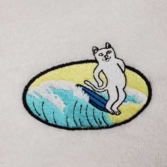 NWOT Rip n Dip White Terrycloth Hang Ten Surfing Cat Tee TShirt Size Small - Picture 4 of 6